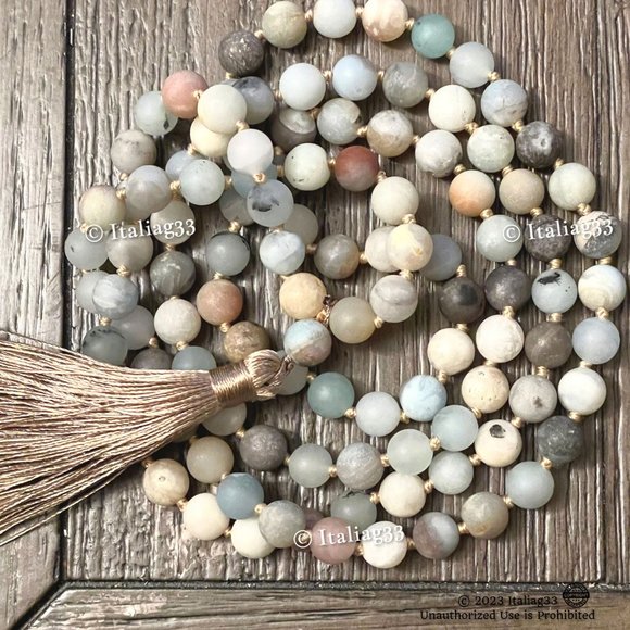 Mala Amazonite Beads Necklace Natural Matte Gemstone Silk Tassel Meditation New - Picture 6 of 15